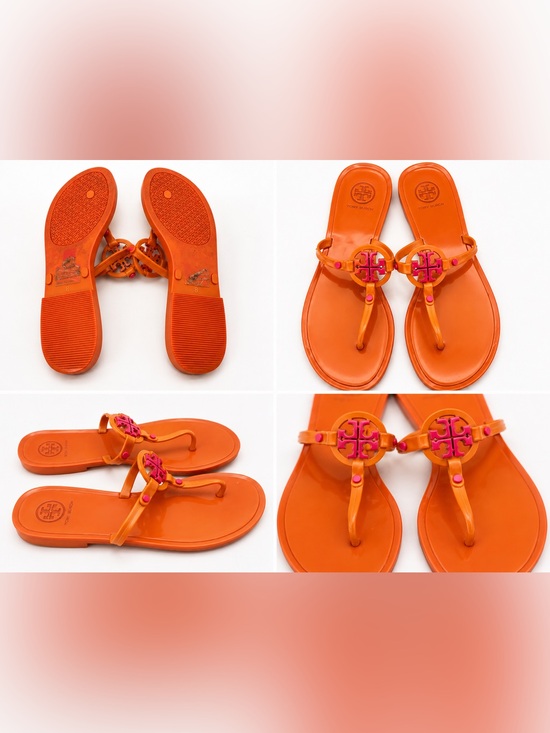 Tory Burch Shoes - Tory Burch Orange Patent Jelly Thong Sandals with Pink Logo Medallion